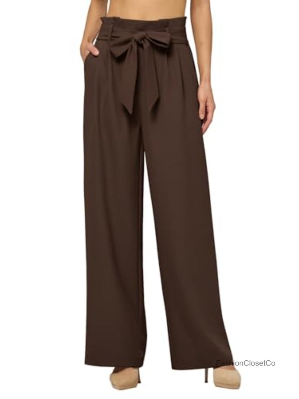 High Waisted Pleated Wide Leg Pants with Belt and Pockets